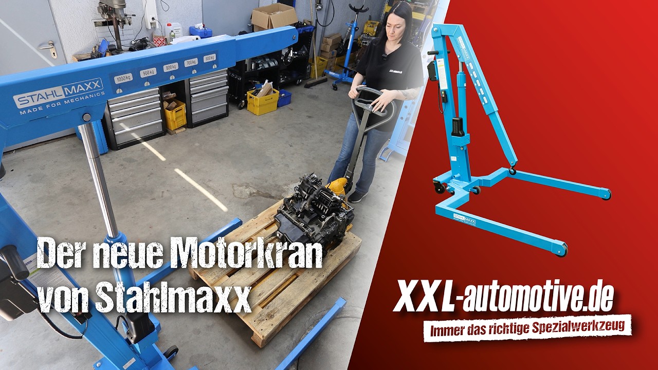 Neues Werkzeug für die KFZ-Werkstatt – das ist der neue akkubetriebene Motorkran von Stahlmaxx