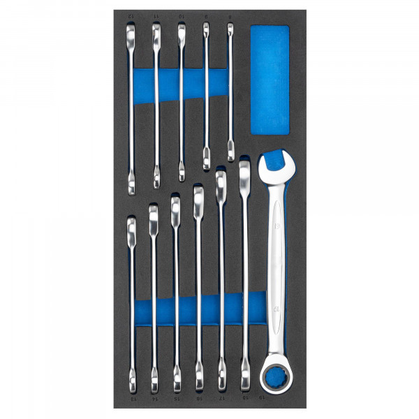 Ratschen-Ring/Gabelschlüssel Set, in 1/3 Schaumstoffeinlage, 12-tlg., 8–19 mm