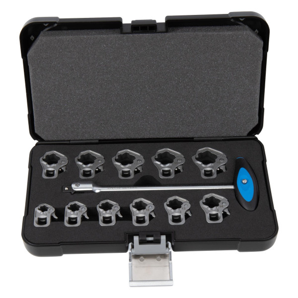 Ratschen-Leitungsschlüssel-Set 8–19 mm, 12-tlg., offene Ausführung, Klemmfunktion, 3/8", mit T-Griff