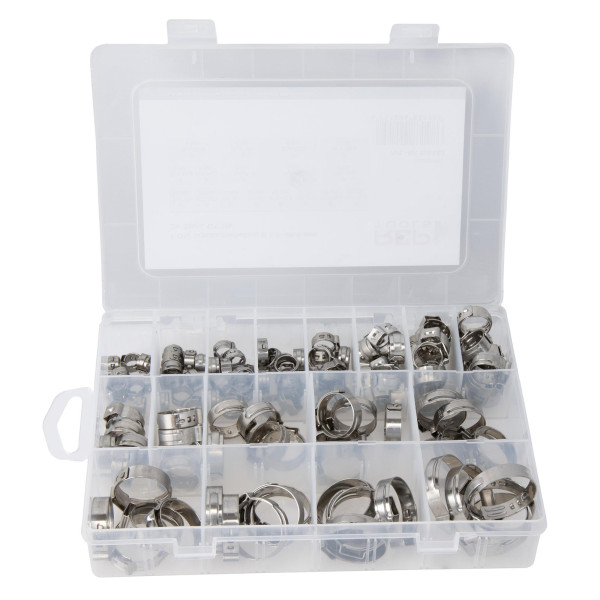 1-Ohr Schlauchschellen-Satz, Schlauchklemmen-Satz, Spannweite 5.8-28.6 mm, Edelstahl W4, 125 Stk