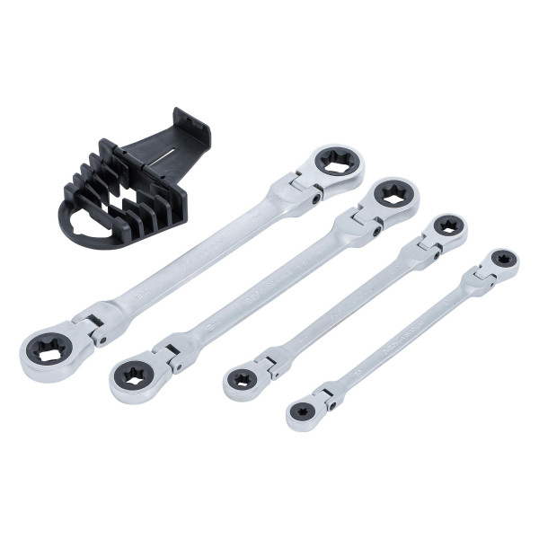 Doppel-Ratschen-Ringschlüssel-Satz, abwinkelbar, mit E-Profil Ringköpfen, SW E6 - E24, 4-tlg