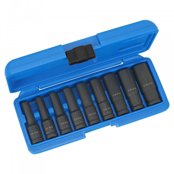 Kraft-Steckschlüssel-Satz, tief, E10-24, E-Profil, 1/2&quot;, 9-tlg.