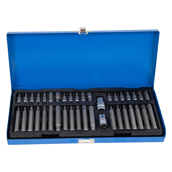 Bit-Satz, 40-tlg., 3/8" + 1/2", T20–T55, Innensechskant 4–12 mm, XZN M5–M12, S2-Stahl, in Metallbox