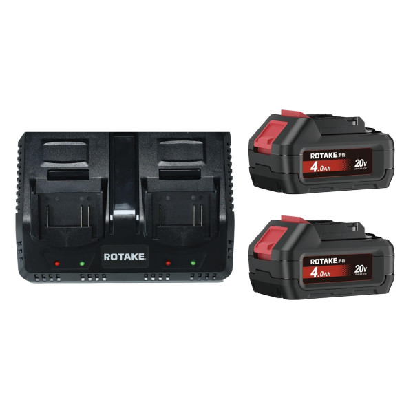 Rotake Akku + Charger-Set 20 V, 2 x 4.0 Ah Li-Ion Akkus und Doppel-Schnellladegerät