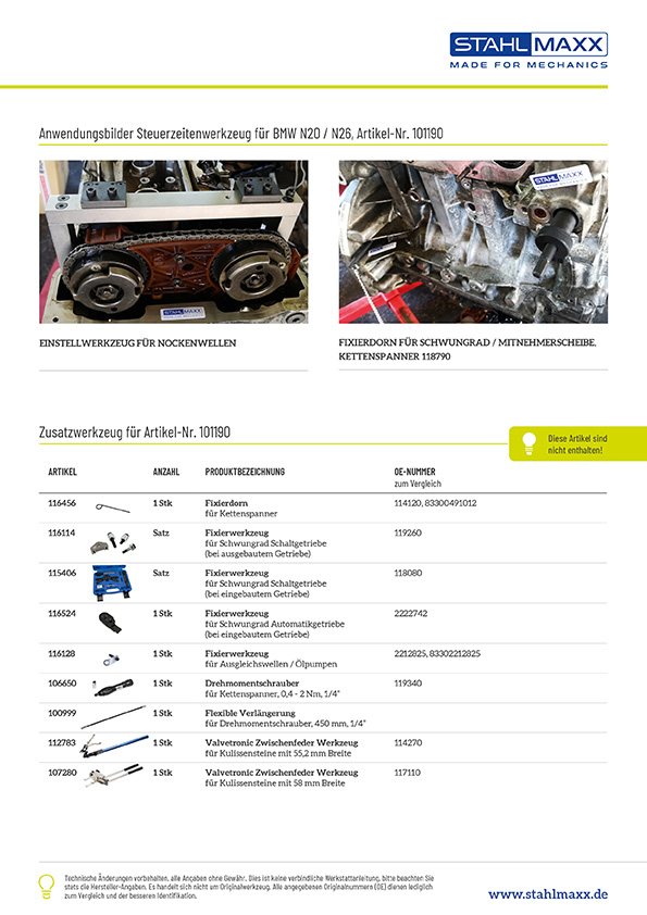 Anwendungsbilder und Zusatzwerkzeug Steuerzeitenwerkzeug für BMW N20, N26