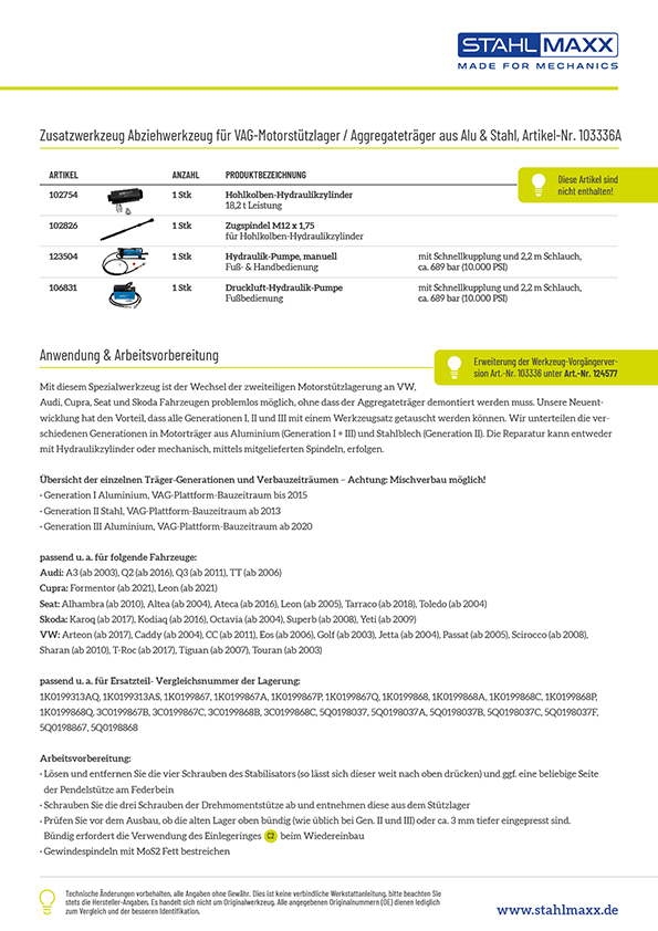 Anleitung Abziehwerkzeug Motorstützlager Aggregateträger VAG
