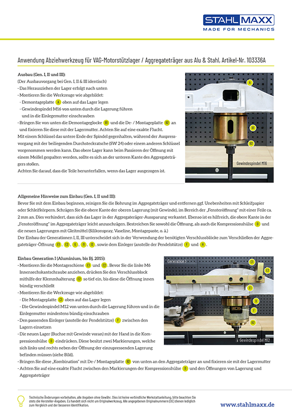 Anleitung Abziehwerkzeug Motorstützlager Aggregateträger VAG