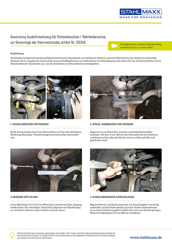 Anwendung Ausbohrwerkzeug für Vierlenkerachse / Mehrlenkerachse, zur Demontage der Klemmschraube, bei VAG