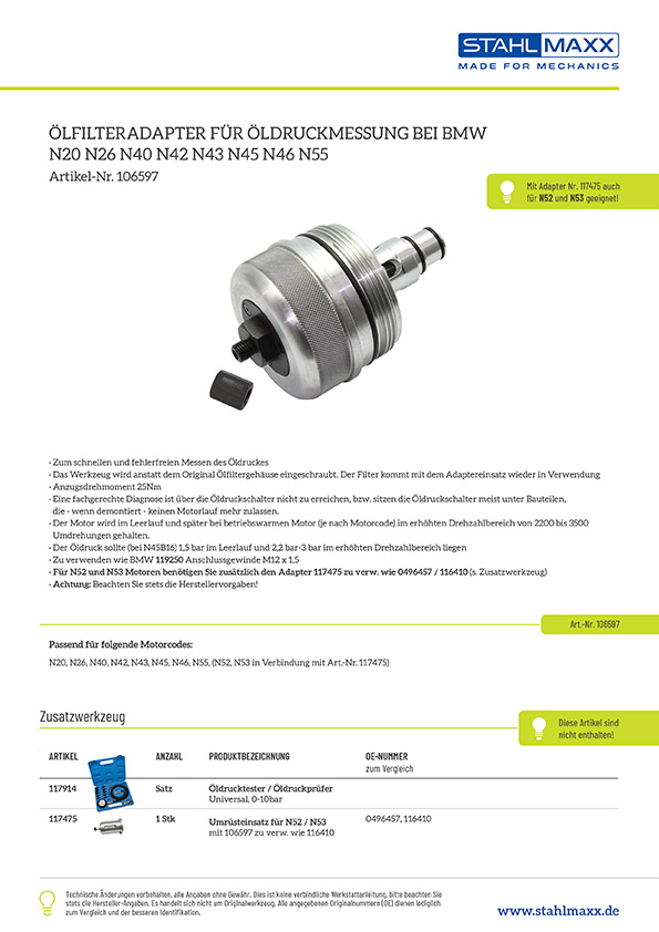 Ölfilter Adapter für &Ouuml;ldruckmessung bei BMW N20 N26 N40 N42 N43 N45 N46 N55