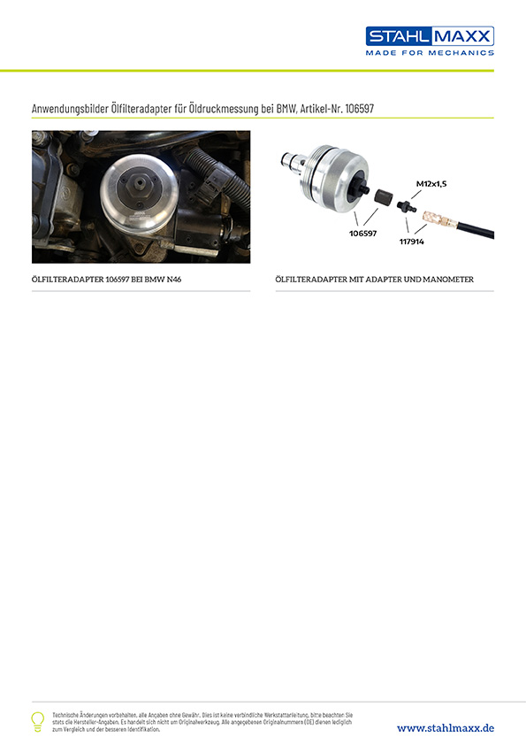Anwendung Ölfilter Adapter für &Ouuml;ldruckmessung bei BMW N20 N26 N40 N42 N43 N45 N46 N55