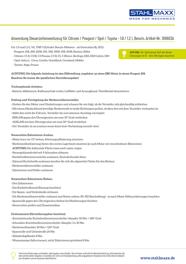 Anwendung PSA 1,0 1,2L VVT Steuerzeiten Werkzeug