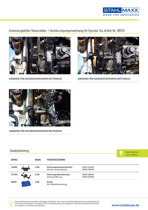 Anwendungsbeispiele Steuerzeiten-/Hochdruckpumpenwerkzeug Hyundai, Kia