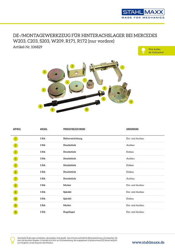 Produktinformationen Hinterachslager Werkzeug für Mercedes W203 C203 S203 W209 R171 R172