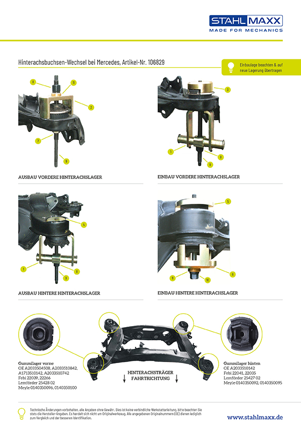 Anwendung Hinterachslager Werkzeug für Mercedes W203 C203 S203 W209 R171 R172