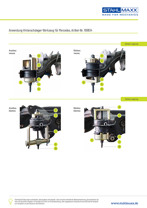 Anwendungsfotos Hinterachslager-Werkzeug Mercedes W204 C204 S204 C218 W212 S212 C207 A207 X204 Typ 231