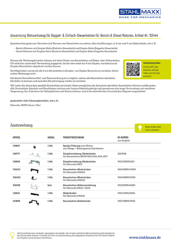 Anwendung und Zusatzwerkzeug Nietwerkzeug für Doppel- und Einfach-Steuerketten bei Benzin und Diesel-Motoren