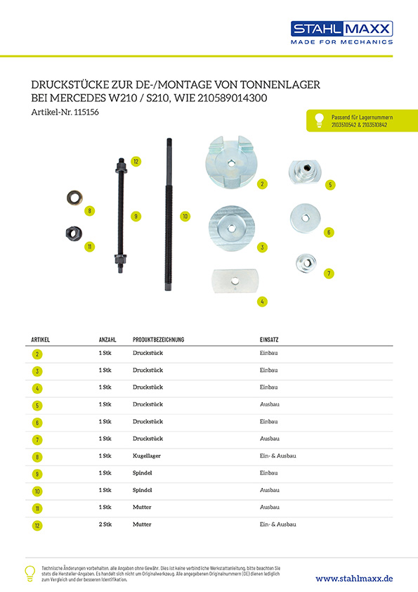 Druckstücke zur De-/Montage von Tonnenlager bei Mercedes W210, S210