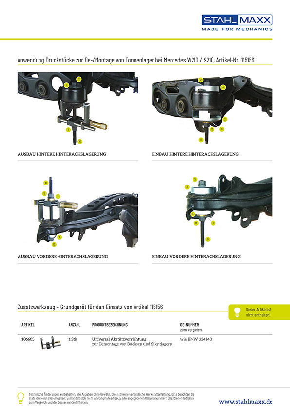 Anwendung und Zusatzwerkzeug Druckstücke zur De-/Montage von Tonnenlager bei Mercedes W210, S210