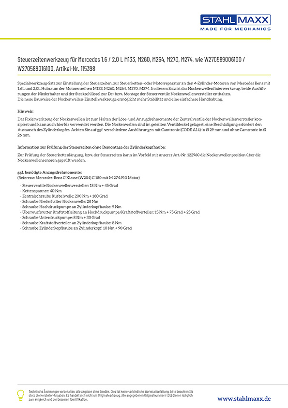 Zusatzwerkzeug Steuerzeitenwerkzeug Mercedes M133 M270 M274