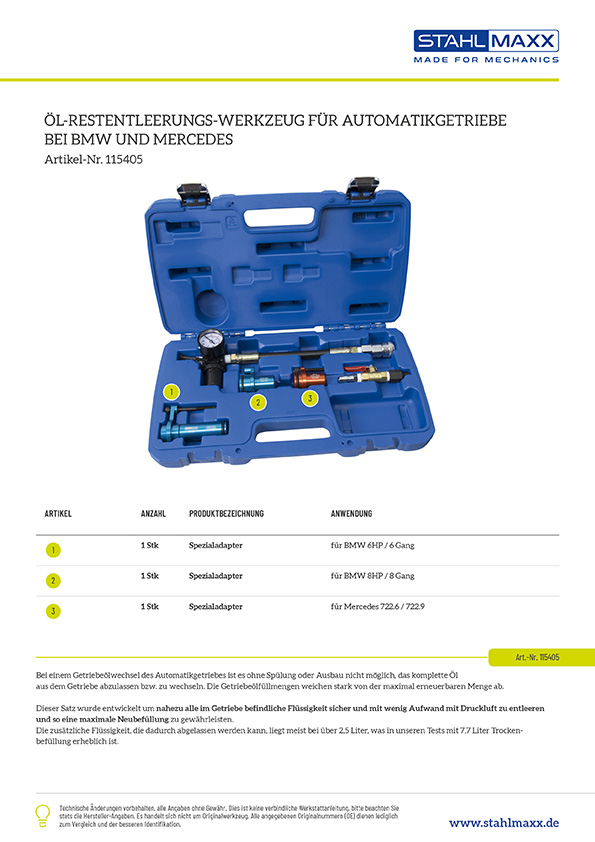 Produktinformationen Ablaufwerkzeug für Automatikgetriebeöl BMW, Mercedes