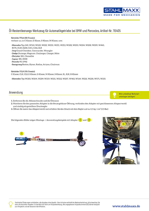 Produktinformationen Ablaufwerkzeug für Automatikgetriebeöl BMW, Mercedes