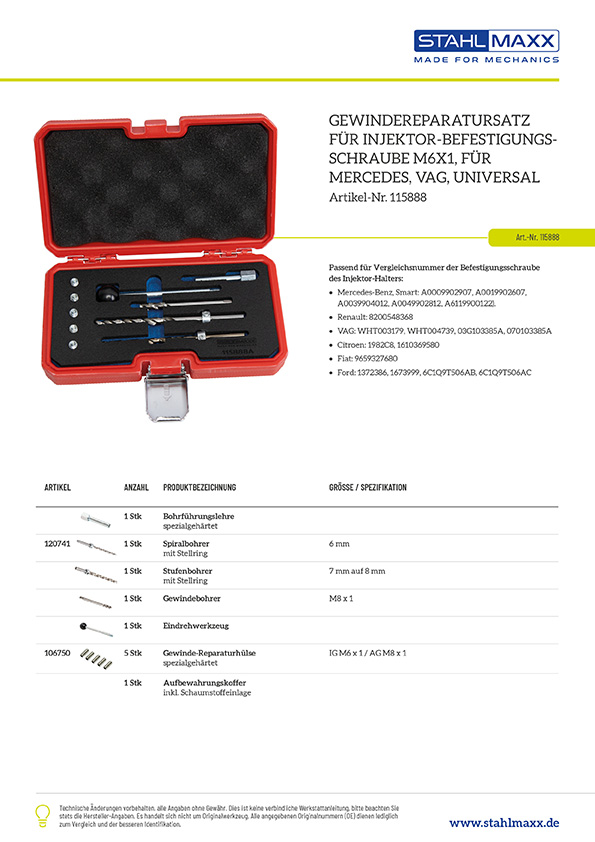 Ausbohr-Gewindereparatursatz für Injektor-Befestigungsschraube M6x1, für Mercedes, VAG, Universal