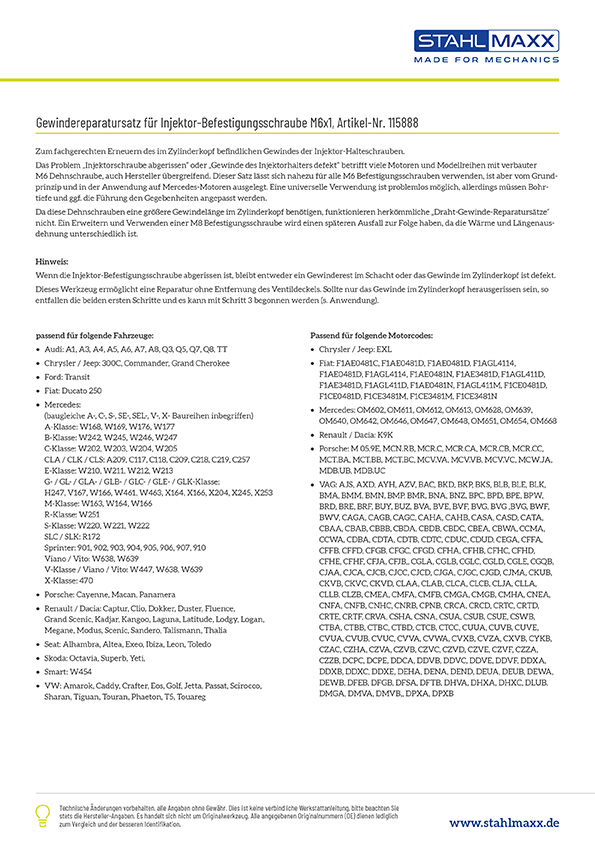 Ausbohr-Gewindereparatursatz für Injektor-Befestigungsschraube M6x1, für Mercedes, VAG, Universal