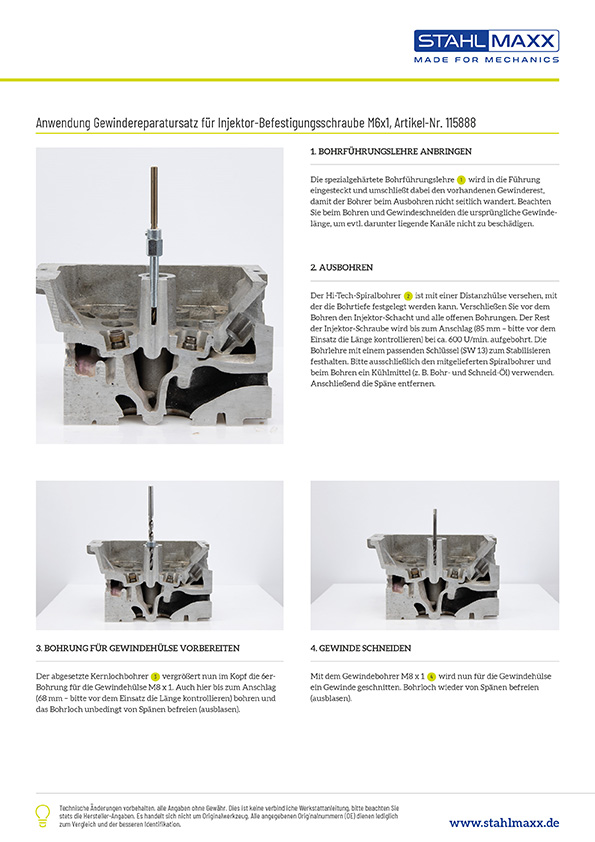 Anwendung Ausbohr-Gewindereparatursatz für Injektor-Befestigungsschraube M6x1, für Mercedes, VAG, Universal