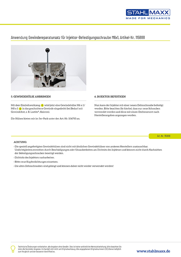 Anwendung Ausbohr-Gewindereparatursatz für Injektor-Befestigungsschraube M6x1, für Mercedes, VAG, Universal
