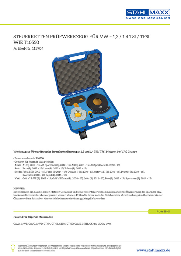 Steuerketten Prüfwerkzeug 1,2 und 1,4 TSI TFSI, zu verw. wie VW T10550