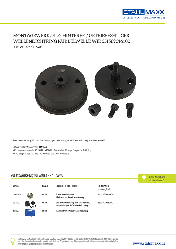 Montagewerkzeug hinterer, getriebeseitiger Wellendichtring Mercedes, Dodge, Jeep, Infinity