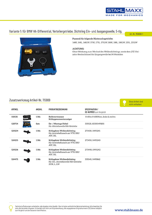 Produktinformationen Werkzeugsatz, für BMW HA-Differential, Verteilergetriebe, Dichtring Ein- und Ausgangswelle