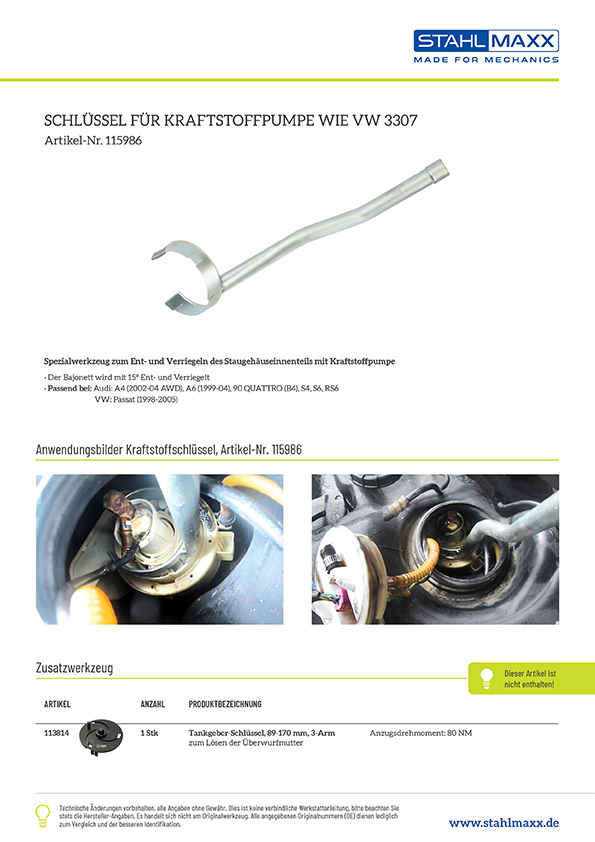 Informationen zu Kraftstoffpumpen-Schlüssel wie VW 3307