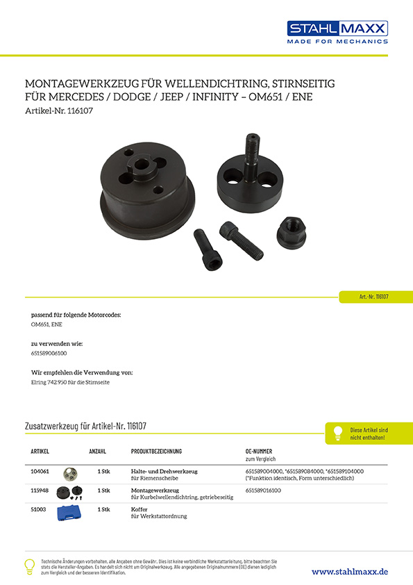 Montagewerkzeug vorderer, stirnseitiger Wellendichtring Mercedes, Dodge, Jeep, Infinity