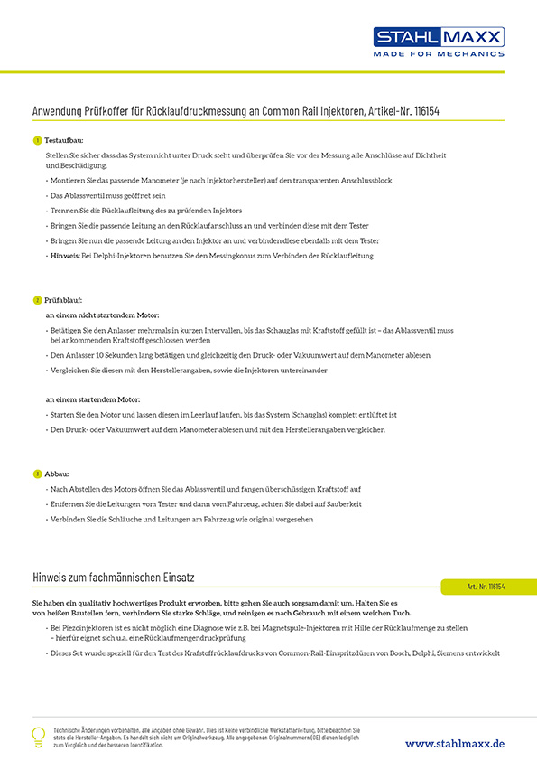 Anwendung Prüfkoffer für Rücklaufdruckmessung an Bosch, Delphi, Siemens-Piezo-Common-Rail Injektoren