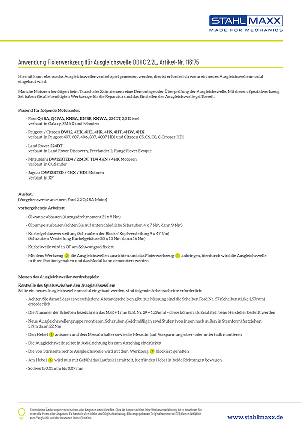 Anwendung Fixierwerkzeug Ausgleichswelle DOHC 2,2L für Citroen, Ford, Peugeot, Land Rover, Mitsubishi