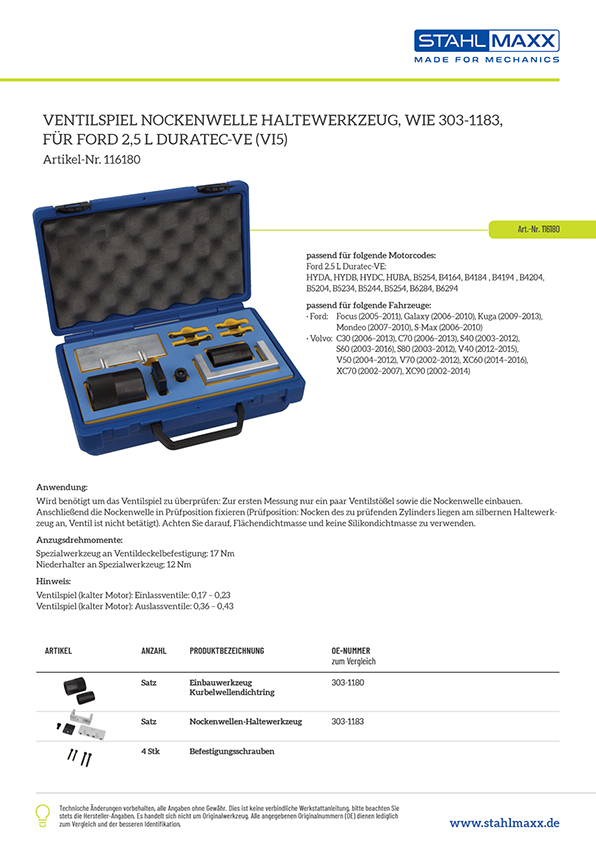 Ventilspiel Nockenwelle Haltewerkzeug wie 303-1183 für Ford 2,5 L Duratec-VE