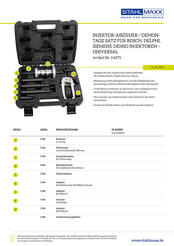Injektor-Abzieher / Demontage-Satz für Bosch, Delphi, Siemens und Denso Injektoren, universal