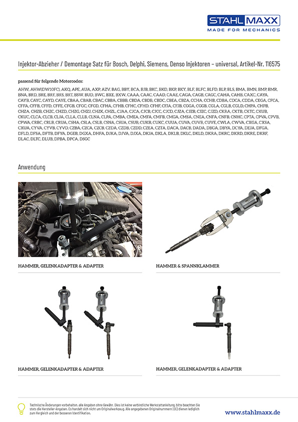 Anwendung Injektor-Abzieher / Demontage-Satz für Bosch, Delphi, Siemens und Denso Injektoren, universal