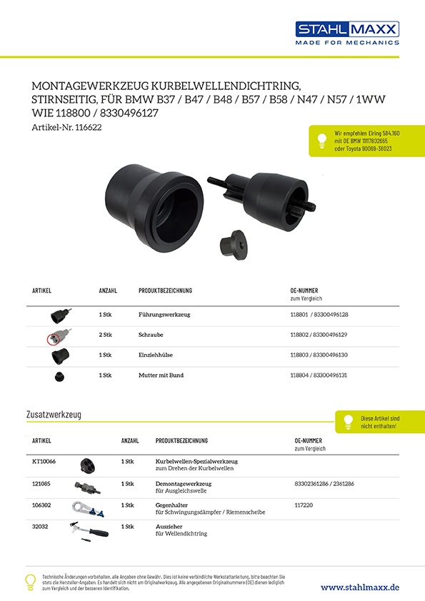 Montagewerkzeug für vorderen / stirnseitigen Wellendichtring BMW, Mini, Toyota B37, B57, N47, N57, 1WW Motoren