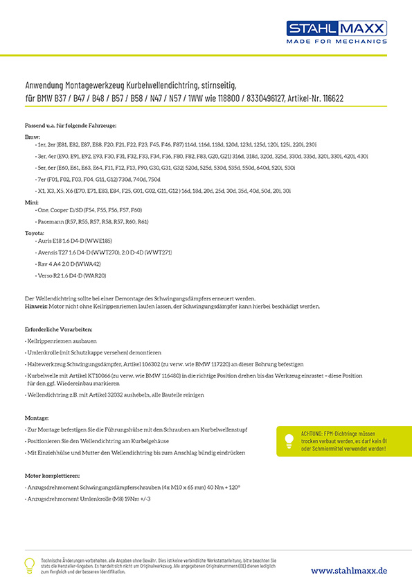 Hinweise Montagewerkzeug für vorderen / stirnseitigen Wellendichtring BMW, Mini, Toyota B37, B57, N47, N57, 1WW Motoren
