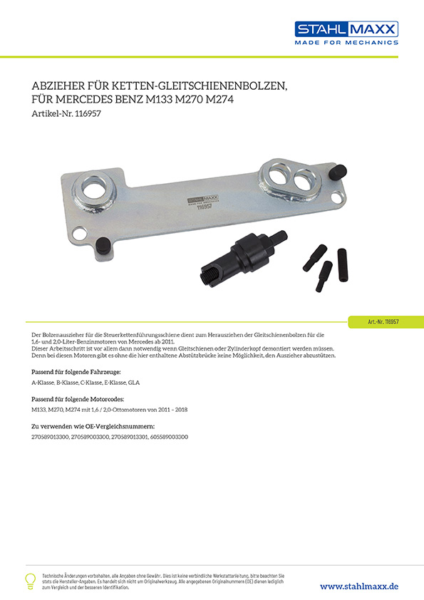 Ketten Gleitschienenbolzen Auszieher Mercedes M133 M270 M274