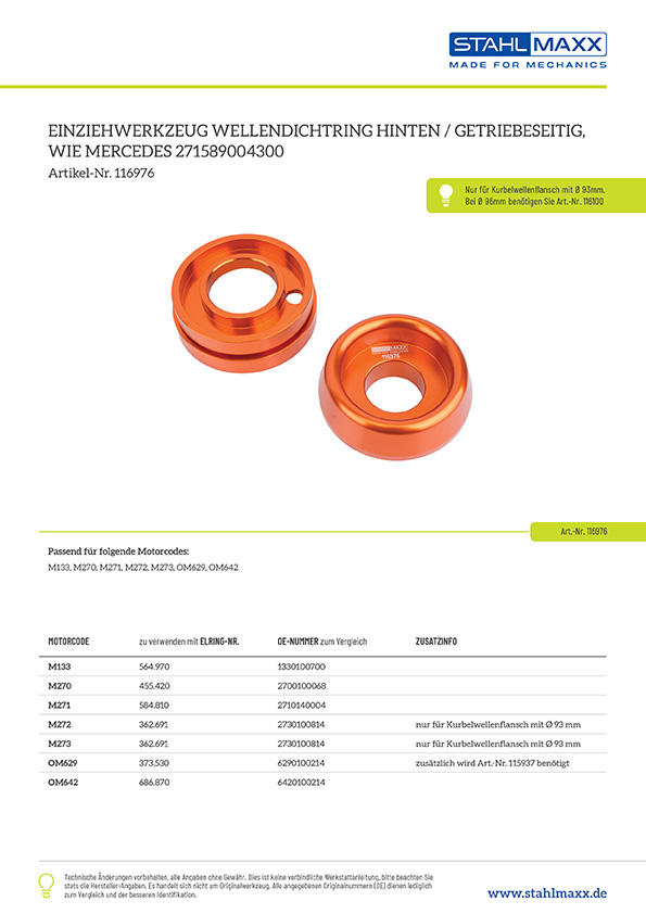 Produktinformationen Einziehwerkzeug Wellendichtring Mercedes M133, M270, M271, M272, M273, OM629, OM642 Kurbelwelle, getriebeseitig, wie 271589004300