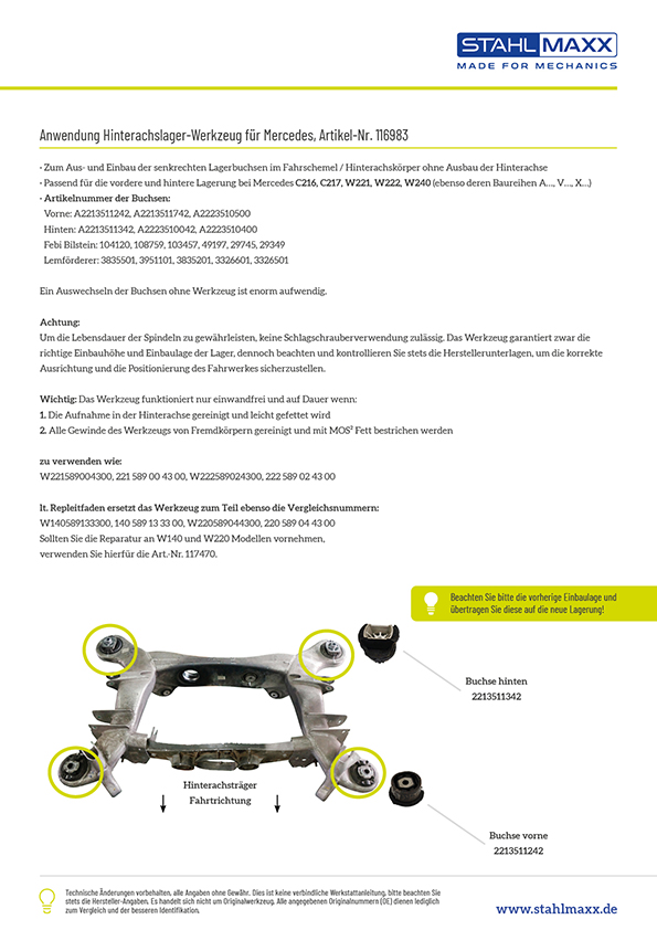 Anwendung Hinterachslager De-/Montage Werkzeug Mercedes W221, W216