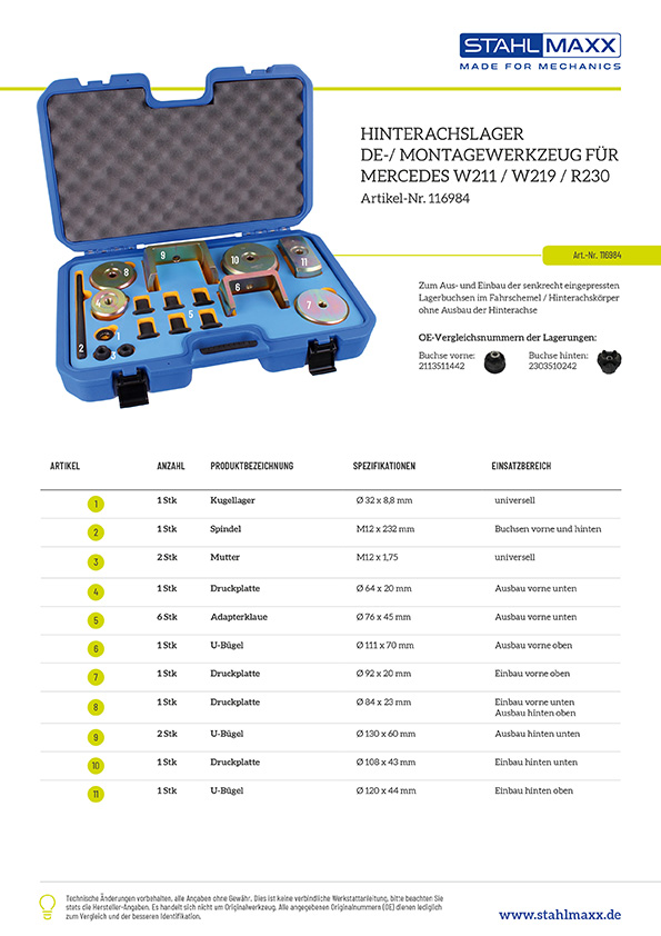 Hinterachslager De-/Montage Werkzeug Mercedes W211, W219, R230