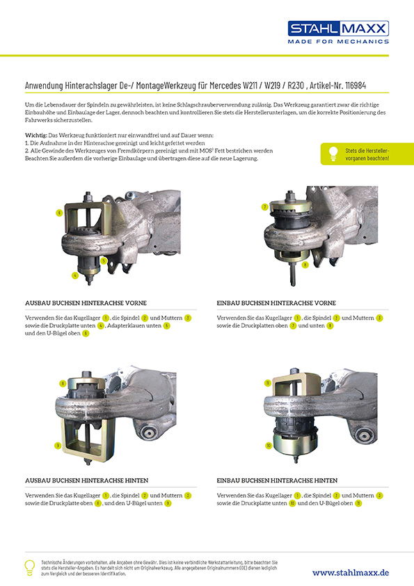 Anwendung Hinterachslager De-/Montage Werkzeug Mercedes W211, W219, R230