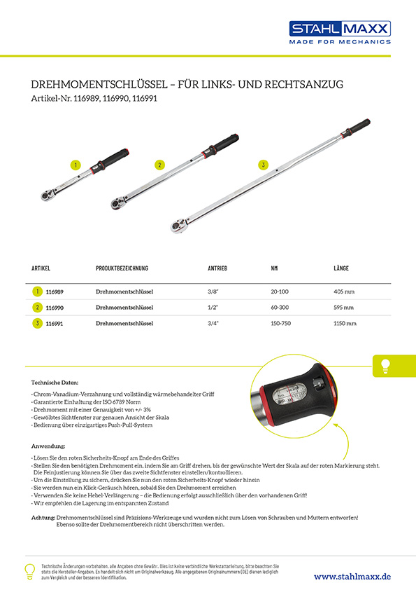 Drehmomentschlüssel geeignet für Links- und Rechtsanzug