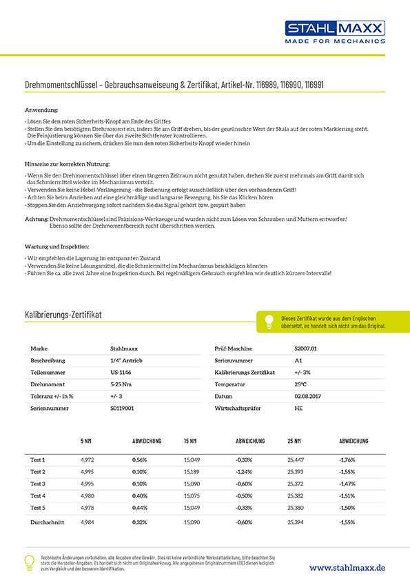 Drehmomentschlüssel Gebrauchsanweisung und Zertifikat