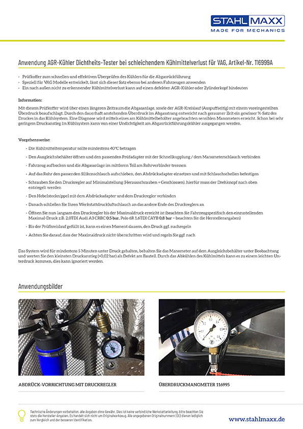 Anwendung AGR-Kühler Dichtheits-Tester bei schleichendem Kühlmittelverlust bei VW, Skoda, Audi, Seat, Skoda