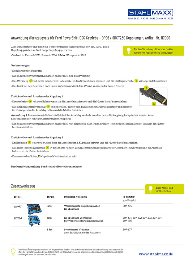 Anwendung Ford Powershift DSG Werkzeugsatz DPS6 / 6DCT250 Kupplungen wie 307-676